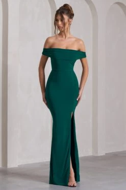 Law Of Attraction | Bottle Green Bardot Draped Split Maxi Dress -ENY Clothing Shop WB CC CL124662047 LawofAttractionBottleGreenBardotDrapedSplitMaxiDress2