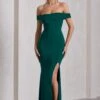 Law Of Attraction | Bottle Green Bardot Draped Split Maxi Dress