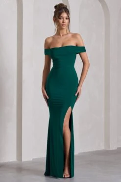Law Of Attraction | Bottle Green Bardot Draped Split Maxi Dress