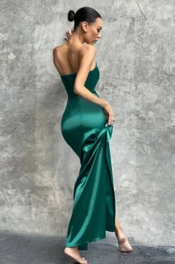 Romancing | Teal Green Satin Bandeau Corset Detail Maxi Dress -ENY Clothing Shop WB CC CL125567 Teal Strapless Corset Side Split Glossy Satin Maxi Dress 7