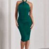 Serendipity | Bottle Green Halter Neck Knot Midi Dress -ENY Clothing Shop WB CC CL126092047 Serendipity BottleGreenHalterNeckKnotMidiDress
