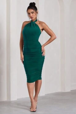 Serendipity | Bottle Green Halter Neck Knot Midi Dress -ENY Clothing Shop WB CC CL126092047 Serendipity BottleGreenHalterNeckKnotMidiDress2