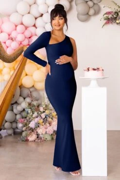 Oh Baby | Navy Maternity One Shoulder Bodycon Maxi Dress -ENY Clothing Shop WB CC CL126182NavyMaternityOneShoulderCutOutMaxiDress00001