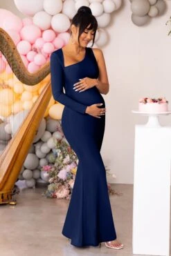 Oh Baby | Navy Maternity One Shoulder Bodycon Maxi Dress