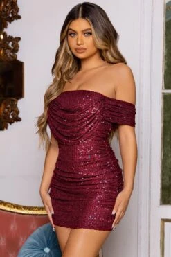 Shine On | Berry Sequin Bardot Drape Detail Mini Dress -ENY Clothing Shop WB CC CL126702 red sequin off the shoulder mini dress 4 eff70ea9 03e5 4ddd 8e28 80f8e78f735b