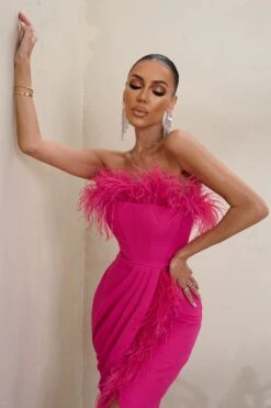 Cosmo | Hot Pink Bandeau Corset Maxi Dress With Feather Trim 10 Cosmo | Hot Pink Bandeau Corset Maxi Dress With Feather Trim -ENY Clothing Shop WB CC CL127049 PricelessHotPinkBandeauFeatherCorsetMidiDressWithFeatherTrim4