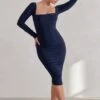 Seductress | Navy Long Sleeve Square Neck Ruched Midi Dress -ENY Clothing Shop WB CC CL127075 SeductressNavyLongSleeveSquareNeckRuchedMidiDress