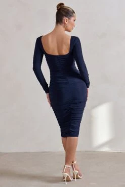 Seductress | Navy Long Sleeve Square Neck Ruched Midi Dress -ENY Clothing Shop WB CC CL127075 SeductressNavyLongSleeveSquareNeckRuchedMidiDress5