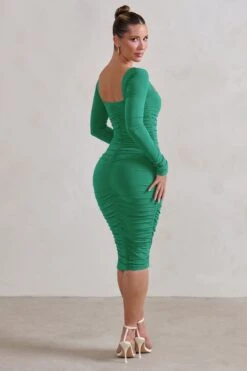 Seductress | Emerald Green Long Sleeve Square Neck Ruched Midi Dress -ENY Clothing Shop WB CC CL127075060 SeductressEmeraldGreenLongSleeveSquareNeckRuchedMidiDress5