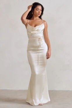 Lifetime | Ivory Satin Cowl Neck Maxi Dress With Cross Back Detail -ENY Clothing Shop WB CC CL127192 LifetimeCreamSatinCowlNeckMaxiDressWithCrossBackDetail1
