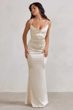 Lifetime | Ivory Satin Cowl Neck Maxi Dress With Cross Back Detail -ENY Clothing Shop WB CC CL127192 LifetimeCreamSatinCowlNeckMaxiDressWithCrossBackDetail3