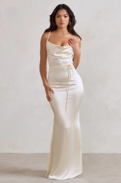 Lifetime | Ivory Satin Cowl Neck Maxi Dress With Cross Back Detail