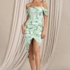 Deserving | White & Green Floral Print Satin Bardot Sleeve Corset Wrap Midi Dress -ENY Clothing Shop WB CC CL127461153 DeservingWhite GreenFloralPrintSatinBardotSleeveCorsetWrapMidiDress1