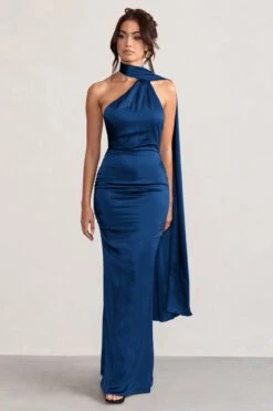 Mademoiselle | Navy Asymmetric Scarf Neck Backless Maxi Dress -ENY Clothing Shop WB CC CL127576 MademoiselleNavySatinAsymmetricScarfNeckBacklessMaxiDress1