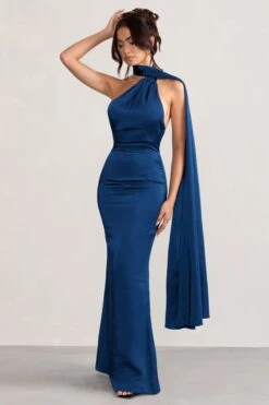 Mademoiselle | Navy Asymmetric Scarf Neck Backless Maxi Dress -ENY Clothing Shop WB CC CL127576 MademoiselleNavySatinAsymmetricScarfNeckBacklessMaxiDress3