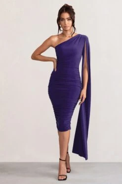 Yara | Purple One Shoulder Cape Ruched Midi Dress -ENY Clothing Shop WB CC CL127661 YaraPurpleOneShoulderCapeRuchedMidiDress1