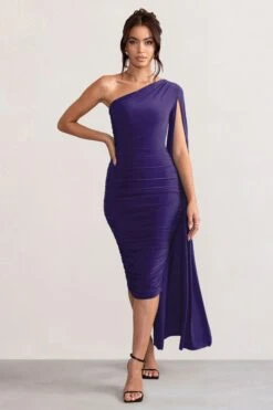Yara | Purple One Shoulder Cape Ruched Midi Dress -ENY Clothing Shop WB CC CL127661 YaraPurpleOneShoulderCapeRuchedMidiDress2