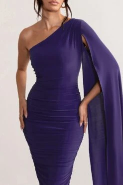 Yara | Purple One Shoulder Cape Ruched Midi Dress -ENY Clothing Shop WB CC CL127661 YaraPurpleOneShoulderCapeRuchedMidiDress3