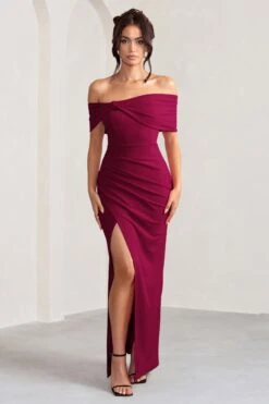 Eva | Burgundy Bardot Bow Detail Maxi Dress With Thigh Split -ENY Clothing Shop WB CC CL127770069 EvaBurgundyBardotBowDetailMaxiDressWithThighSplit0