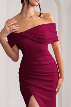 Eva | Burgundy Bardot Bow Detail Maxi Dress With Thigh Split -ENY Clothing Shop WB CC CL127770069 EvaBurgundyBardotBowDetailMaxiDressWithThighSplit2