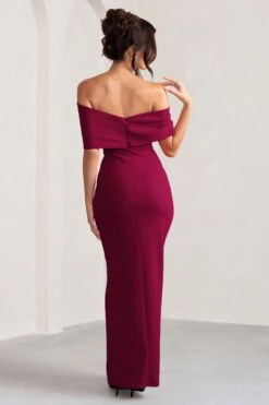 Eva | Burgundy Bardot Bow Detail Maxi Dress With Thigh Split -ENY Clothing Shop WB CC CL127770069 EvaBurgundyBardotBowDetailMaxiDressWithThighSplit3