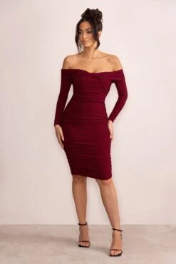 Lulu | Burgundy Twist Front Bardot Midi Dress With Sleeves 10 Lulu | Burgundy Twist Front Bardot Midi Dress With Sleeves -ENY Clothing Shop WB CC CL127851 LuluBurgundyTwistFrontBardotMidiDressWithSleeves2