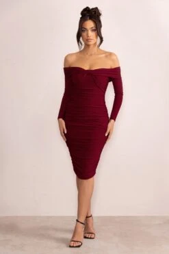 Lulu | Burgundy Twist Front Bardot Midi Dress With Sleeves 11 Lulu | Burgundy Twist Front Bardot Midi Dress With Sleeves -ENY Clothing Shop WB CC CL127851 LuluBurgundyTwistFrontBardotMidiDressWithSleeves3