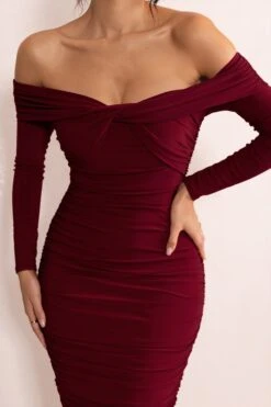 Lulu | Burgundy Twist Front Bardot Midi Dress With Sleeves 9 Lulu | Burgundy Twist Front Bardot Midi Dress With Sleeves -ENY Clothing Shop WB CC CL127851 LuluBurgundyTwistFrontBardotMidiDressWithSleeves4