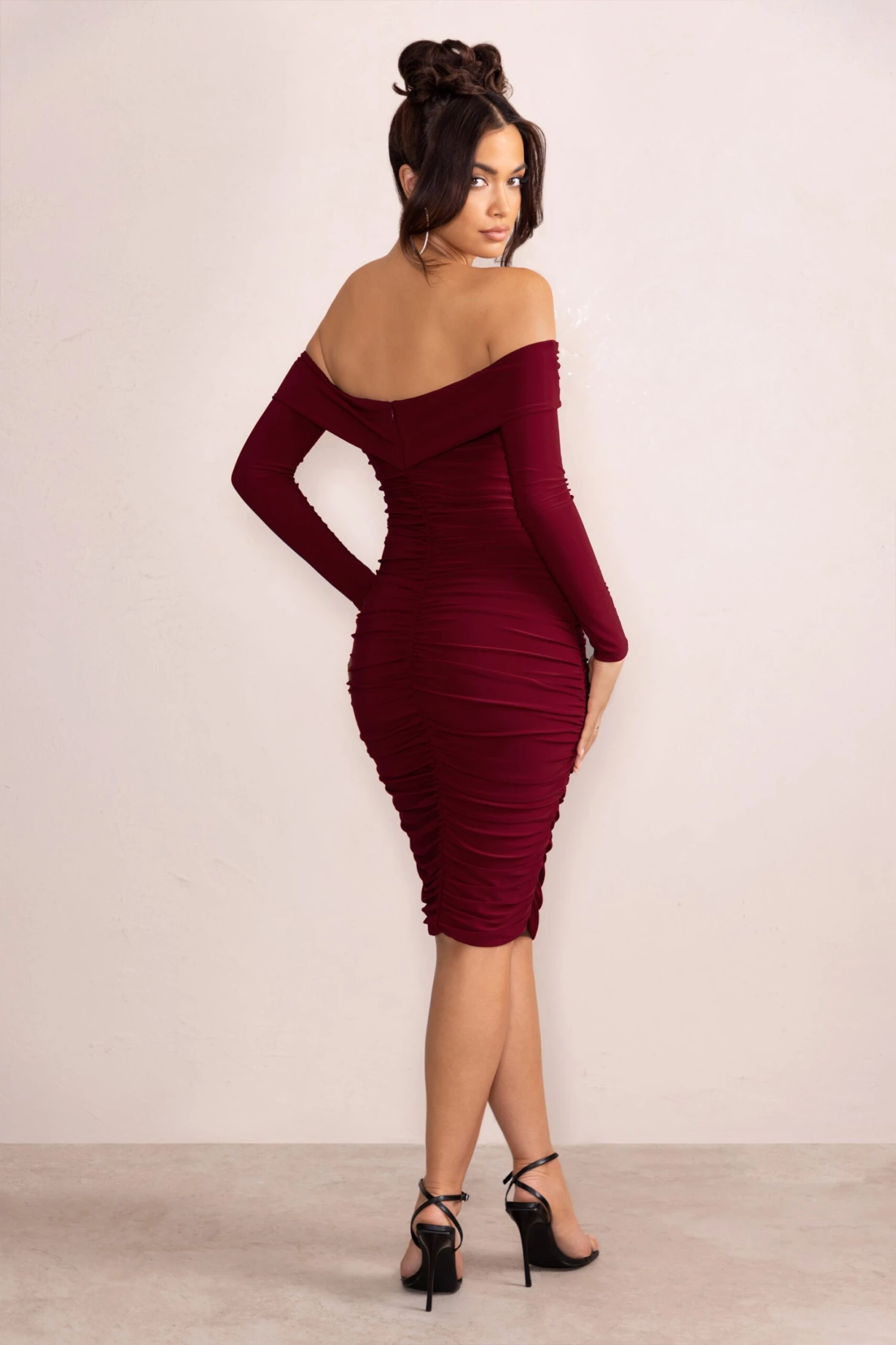 Lulu | Burgundy Twist Front Bardot Midi Dress With Sleeves 4 Lulu | Burgundy Twist Front Bardot Midi Dress With Sleeves - Image 2