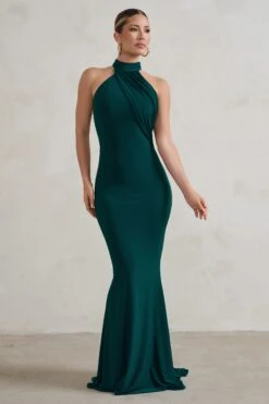 Marion | Green High Neck Maxi Dress With Statement Train -ENY Clothing Shop WB CC CL128396 MarionBottleGreenHighNeckMaxiDressWithStatementTrain2 791e18ef fbb3 4984 aa04 c39593c5b27d