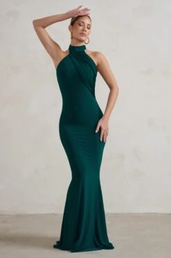 Marion | Green High Neck Maxi Dress With Statement Train -ENY Clothing Shop WB CC CL128396 MarionBottleGreenHighNeckMaxiDressWithStatementTrain3 418048d4 dbb5 42b8 8028 6fed3588ed64