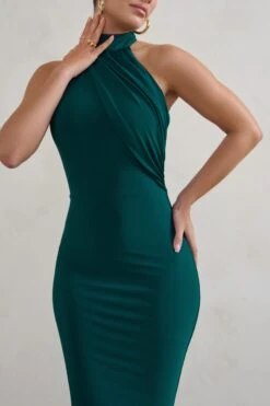 Marion | Green High Neck Maxi Dress With Statement Train -ENY Clothing Shop WB CC CL128396 MarionBottleGreenHighNeckMaxiDressWithStatementTrain4 acfff438 f7cb 414d abf2 af605b5bf16f
