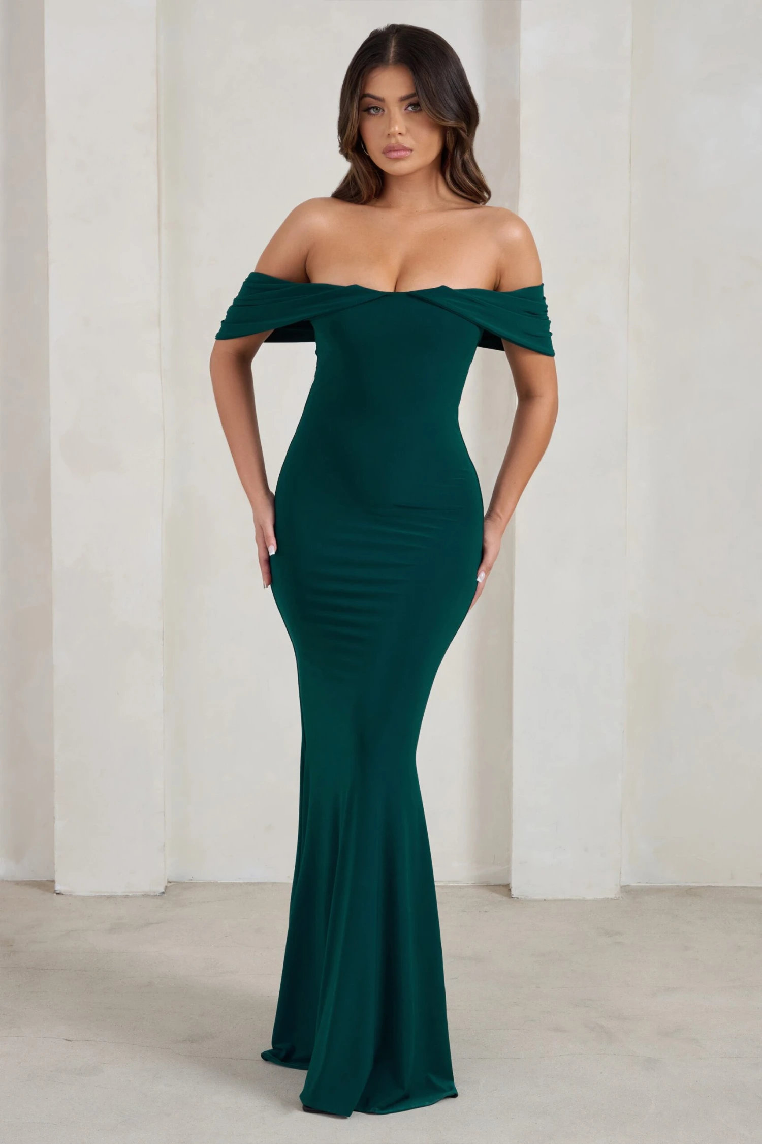 Gabrielle | Green Bardot Neckline With Drape Sleeves Maxi Dress 6 Gabrielle | Green Bardot Neckline With Drape Sleeves Maxi Dress - Image 4