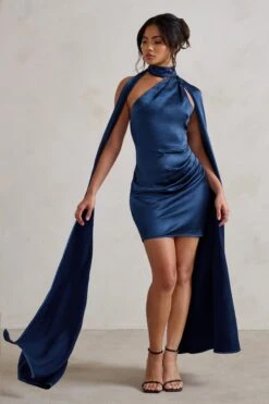Laurelie | Navy Satin Statement Cape Design Mini Dress -ENY Clothing Shop WB CC CL128424 LaurelieNavySatinStatementCapeDesignMiniDress0