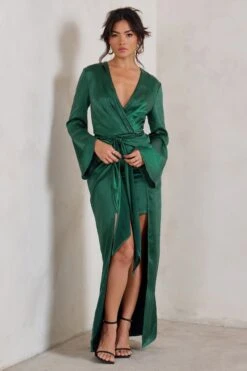 Patricia | Green Extreme Plunge Long Sleeve Maxi Dress With Tie Detail -ENY Clothing Shop WB CC CL128428 PatriciaBottleGreenExtremePlungeLongSleeveMaxiDressWithTieDetail6
