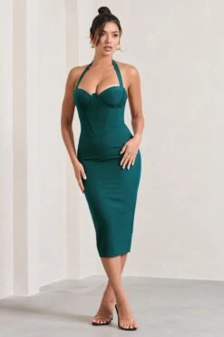 Supermodel | Bottle Green Halter-Neck Corset Midi Dress 10 Supermodel | Bottle Green Halter-Neck Corset Midi Dress -ENY Clothing Shop WB CC CL128734047 SupermodelBottleGreenHalter NeckCorsetMidiDress2