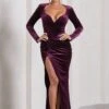 Vin Chaud | Dark Purple Velvet Long-Sleeved Split Maxi Dress 2 Vin Chaud | Dark Purple Velvet Long-Sleeved Split Maxi Dress -ENY Clothing Shop WB CC CL128789101 VinChaudDarkPurpleVelvetLong SleevedSplitMaxiDress0