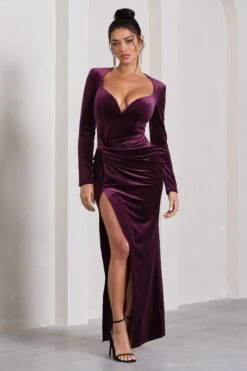 Vin Chaud | Dark Purple Velvet Long-Sleeved Split Maxi Dress -ENY Clothing Shop WB CC CL128789101 VinChaudDarkPurpleVelvetLong SleevedSplitMaxiDress1