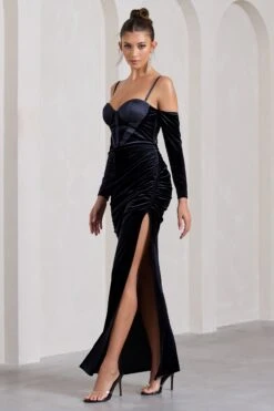 Meribel | Navy Velvet & Satin Long-Sleeved Corset Maxi Dress -ENY Clothing Shop WB CC CL128796015 MeribelNavyVelvet SatinLong SleevedCorsetMaxiDress2 ab58ae67 fb08 4927 9e06 98b427dc6b21