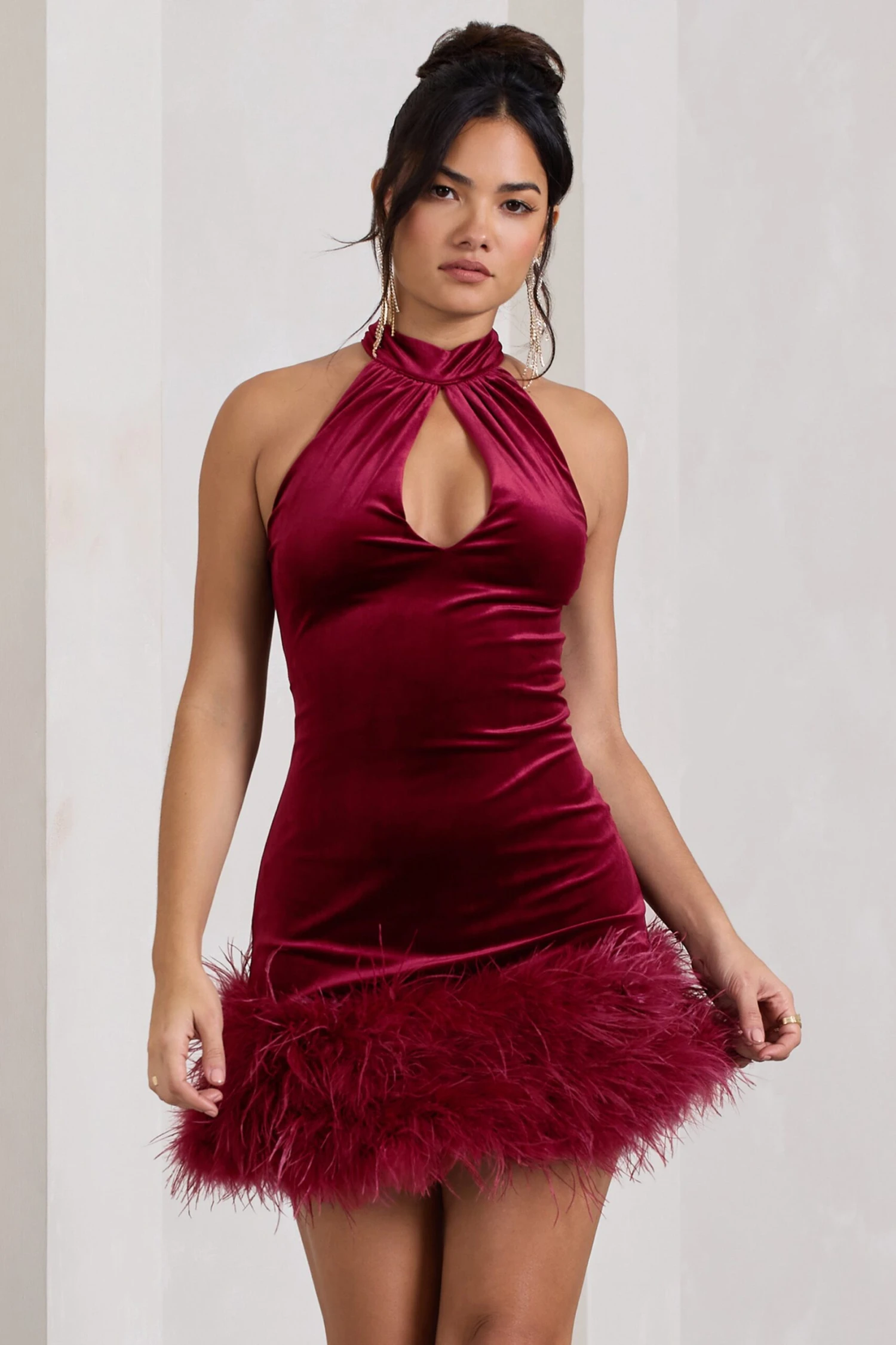 Tillie | Berry Velvet High Neck Trapeze Mini Dress With Feather Hem Detail 6 Tillie | Berry Velvet High Neck Trapeze Mini Dress With Feather Hem Detail - Image 4