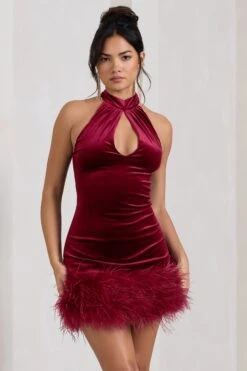 Tillie | Berry Velvet High Neck Trapeze Mini Dress With Feather Hem Detail 11 Tillie | Berry Velvet High Neck Trapeze Mini Dress With Feather Hem Detail -ENY Clothing Shop WB CC CL128810064 TillieBerryVelvetHighNeckTrapezeMiniDressWithFeatherHemDetail5