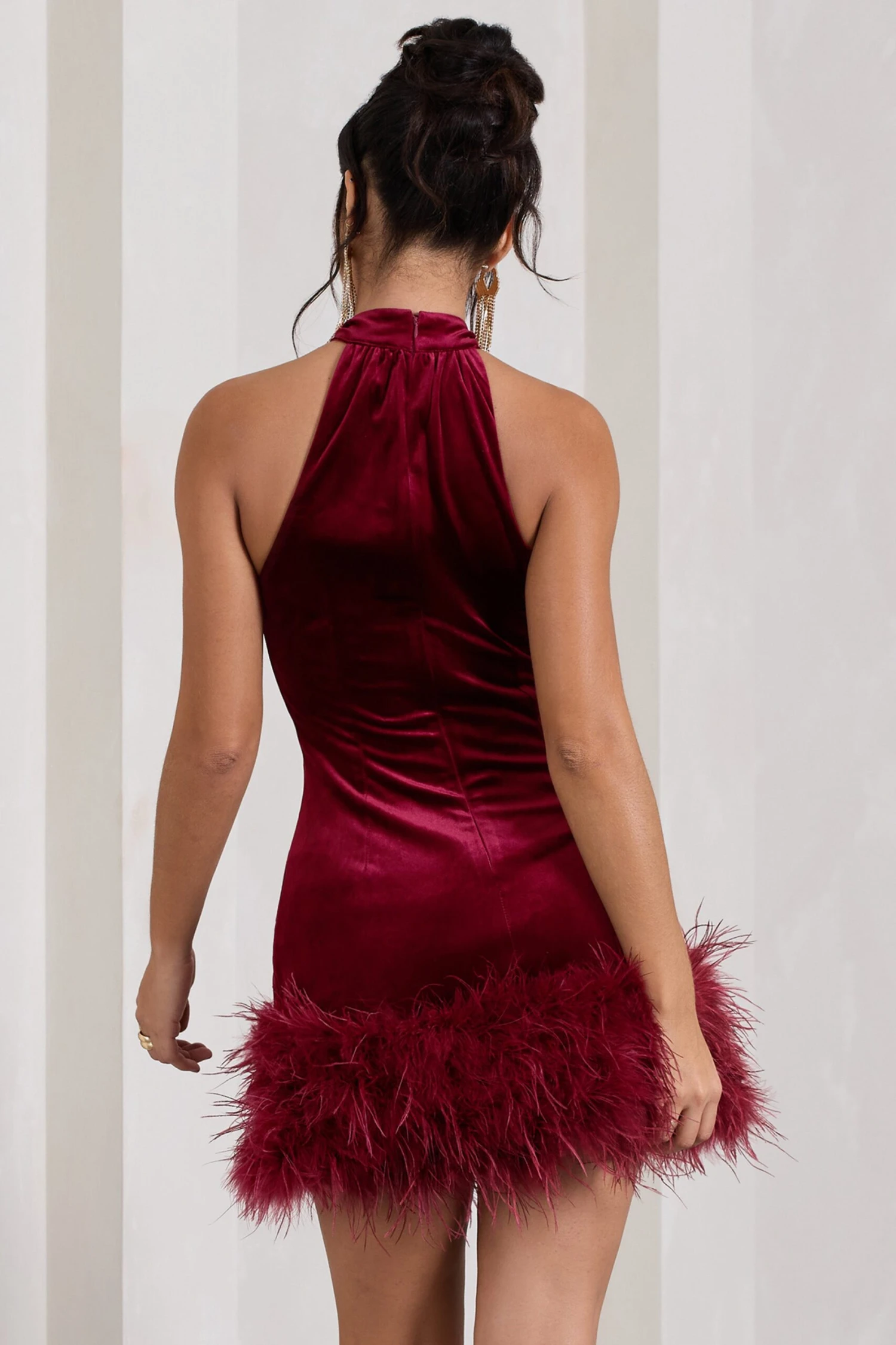 Tillie | Berry Velvet High Neck Trapeze Mini Dress With Feather Hem Detail 4 Tillie | Berry Velvet High Neck Trapeze Mini Dress With Feather Hem Detail - Image 2