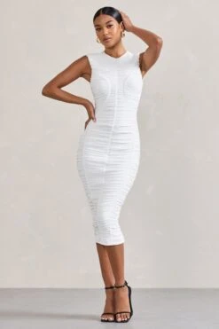 Alight| White Ruched Mesh Sleeveless Bodycon Midi Dress -ENY Clothing Shop WB CC CL128817005 Alight WhiteRuchedMeshSleevelessBodyconMidiDress1