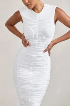 Alight| White Ruched Mesh Sleeveless Bodycon Midi Dress -ENY Clothing Shop WB CC CL128817005 Alight WhiteRuchedMeshSleevelessBodyconMidiDress5
