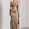 Showstopper | Gold Metallic Strapless Open-Back Split Maxi Dress -ENY Clothing Shop WB CC CL128847007 ShowstopperGoldStraplessOpen BackSplitMaxiDress0