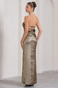 Showstopper | Gold Metallic Strapless Open-Back Split Maxi Dress -ENY Clothing Shop WB CC CL128847007 ShowstopperGoldStraplessOpen BackSplitMaxiDress4
