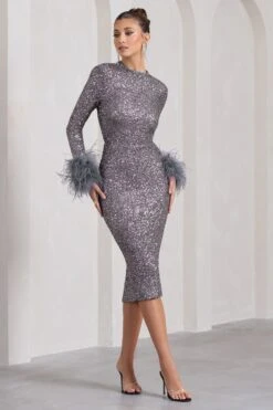 Marilyn | Silver Sequin Long-Sleeved Midi Dress With Feather Cuffs 10 Marilyn | Silver Sequin Long-Sleeved Midi Dress With Feather Cuffs -ENY Clothing Shop WB CC CL128858013 MarilynSilverSequinLong SleevedMidiDressWithFeatherCuffs1