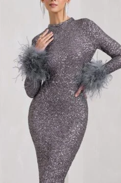 Marilyn | Silver Sequin Long-Sleeved Midi Dress With Feather Cuffs 9 Marilyn | Silver Sequin Long-Sleeved Midi Dress With Feather Cuffs -ENY Clothing Shop WB CC CL128858013 MarilynSilverSequinLong SleevedMidiDressWithFeatherCuffs7