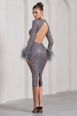 Marilyn | Silver Sequin Long-Sleeved Midi Dress With Feather Cuffs 8 Marilyn | Silver Sequin Long-Sleeved Midi Dress With Feather Cuffs -ENY Clothing Shop WB CC CL128858013 MarilynSilverSequinLong SleevedMidiDressWithFeatherCuffs8