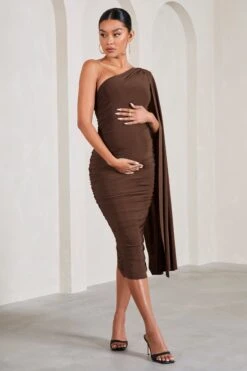 Yara | Chocolate Maternity One Sleeve Ruched Maternity Midi Dress With Cape Sleeve